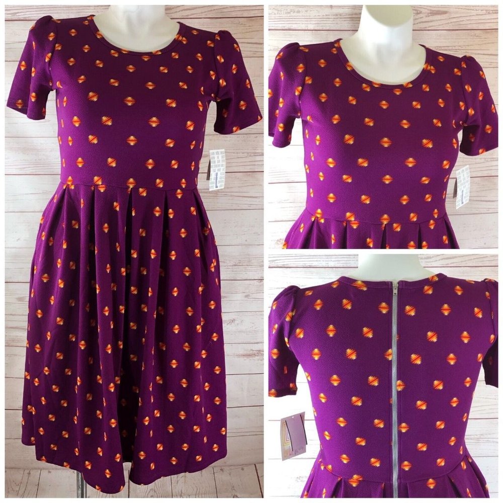 LuLaRoe Amelia purple yellow orange spaceship Fit & Flare dress Womens Large NEW